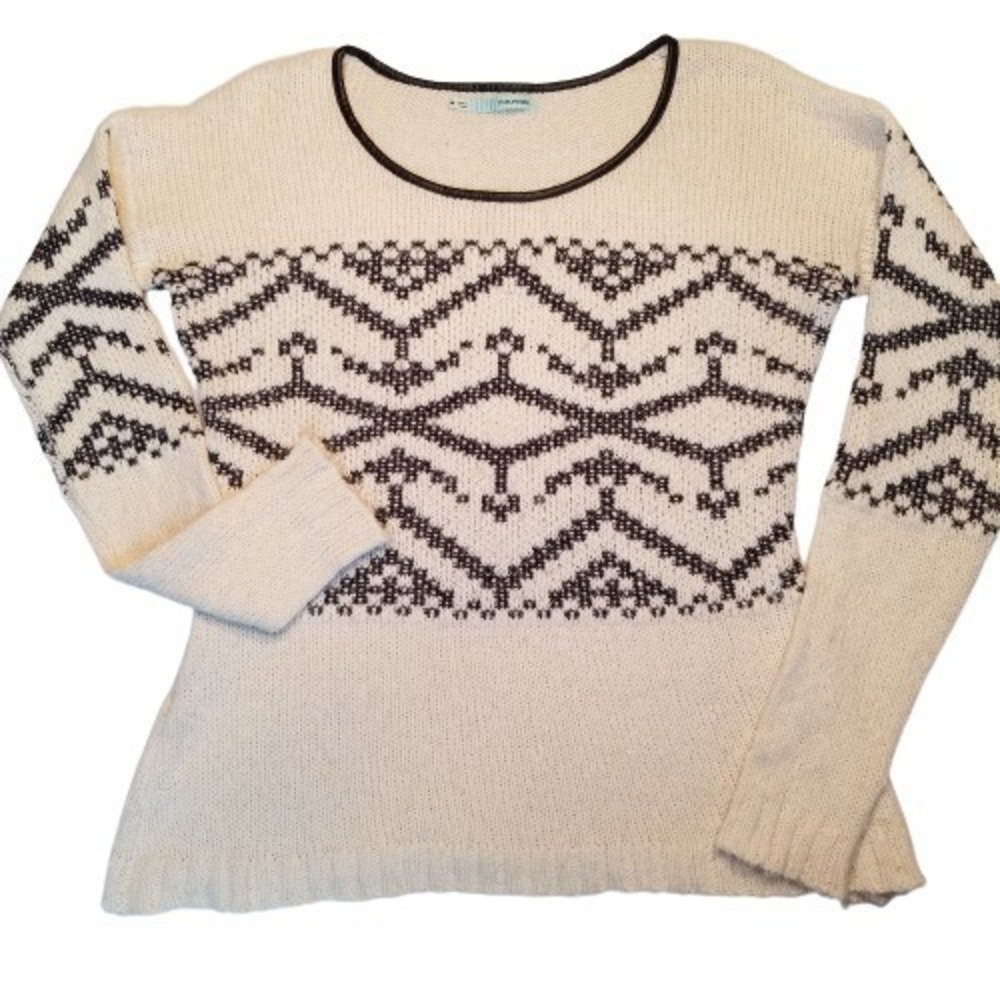 Maurices Womens Ivory Geometric Fair Isle Faux Leather Trim Sweater‎ Medium Boho
